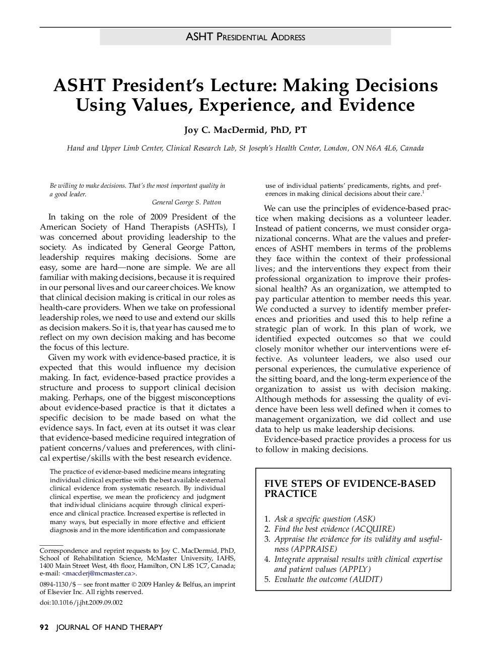 ASHT President's Lecture: Making Decisions Using Values, Experience, and Evidence