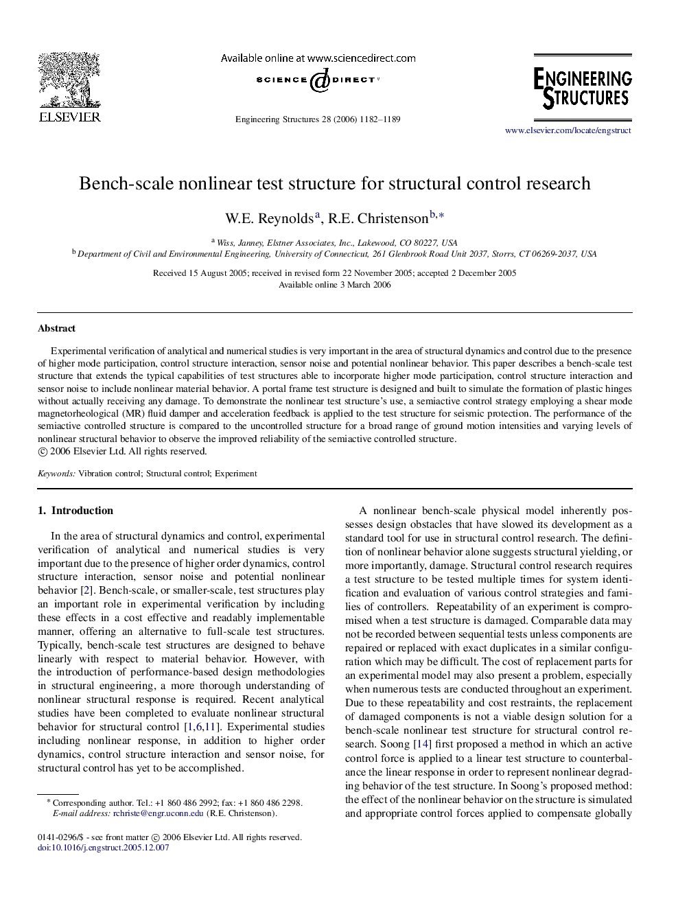 Bench-scale nonlinear test structure for structural control research