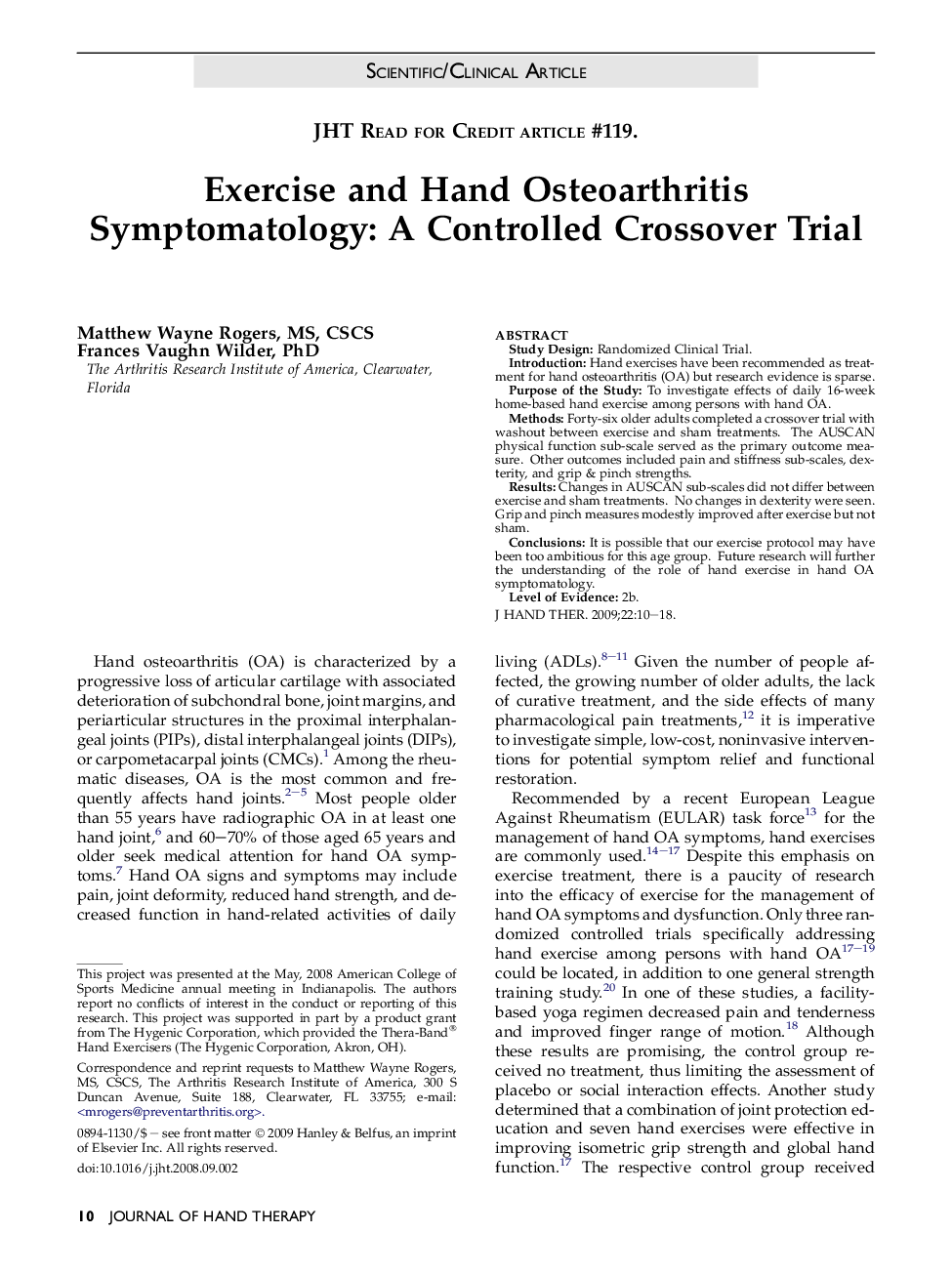 Exercise and Hand Osteoarthritis Symptomatology: A Controlled Crossover Trial 