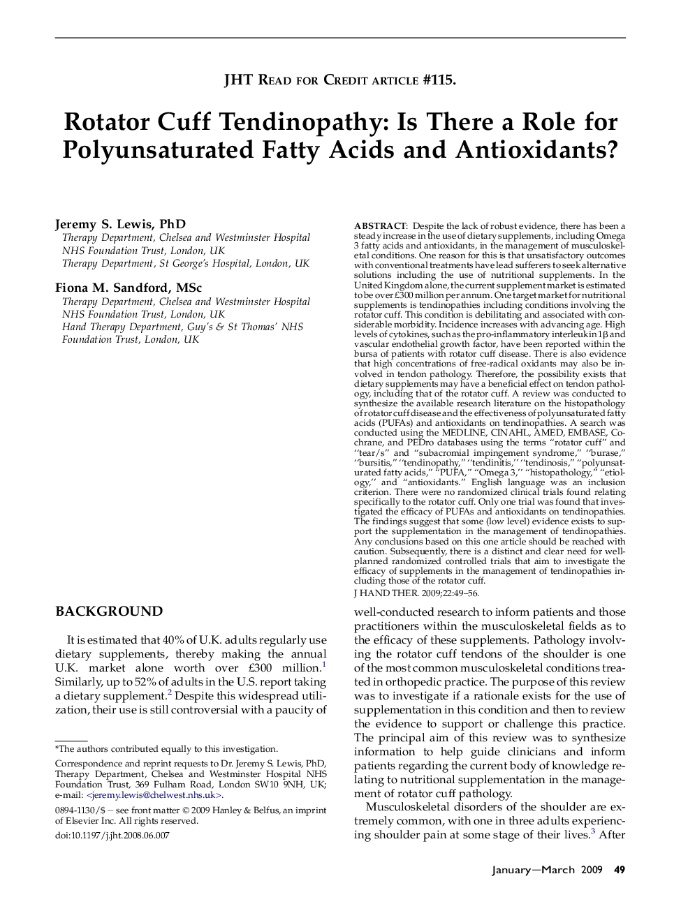 Rotator Cuff Tendinopathy: Is There a Role for Polyunsaturated Fatty Acids and Antioxidants?