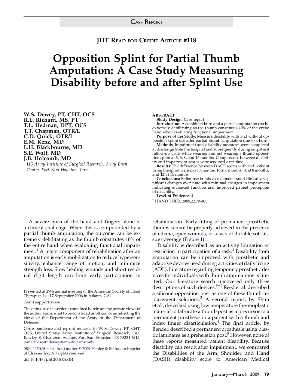 Opposition Splint for Partial Thumb Amputation: A Case Study Measuring Disability before and after Splint Use 