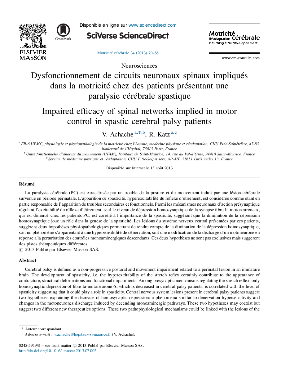 Dysfonctionnement de circuits neuronaux spinaux impliqués dans la motricité chez des patients présentant une paralysie cérébrale spastique