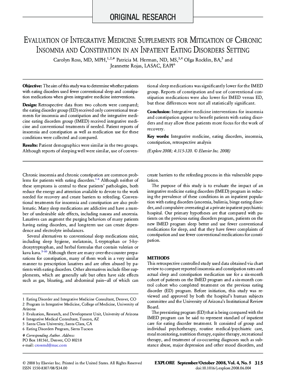 Evaluation of Integrative Medicine Supplements for Mitigation of Chronic Insomnia and Constipation in an Inpatient Eating Disorders Setting