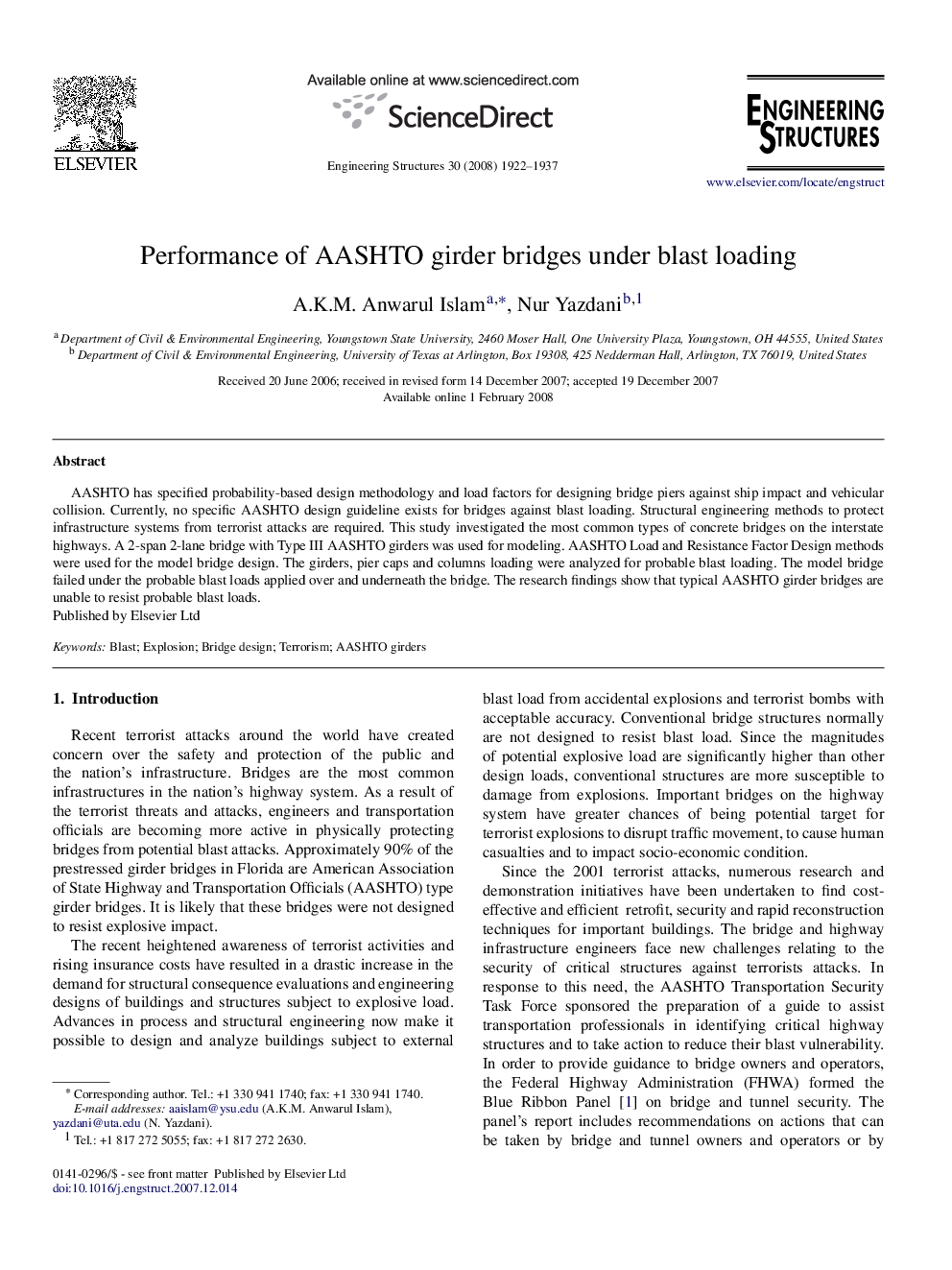 Performance of AASHTO girder bridges under blast loading