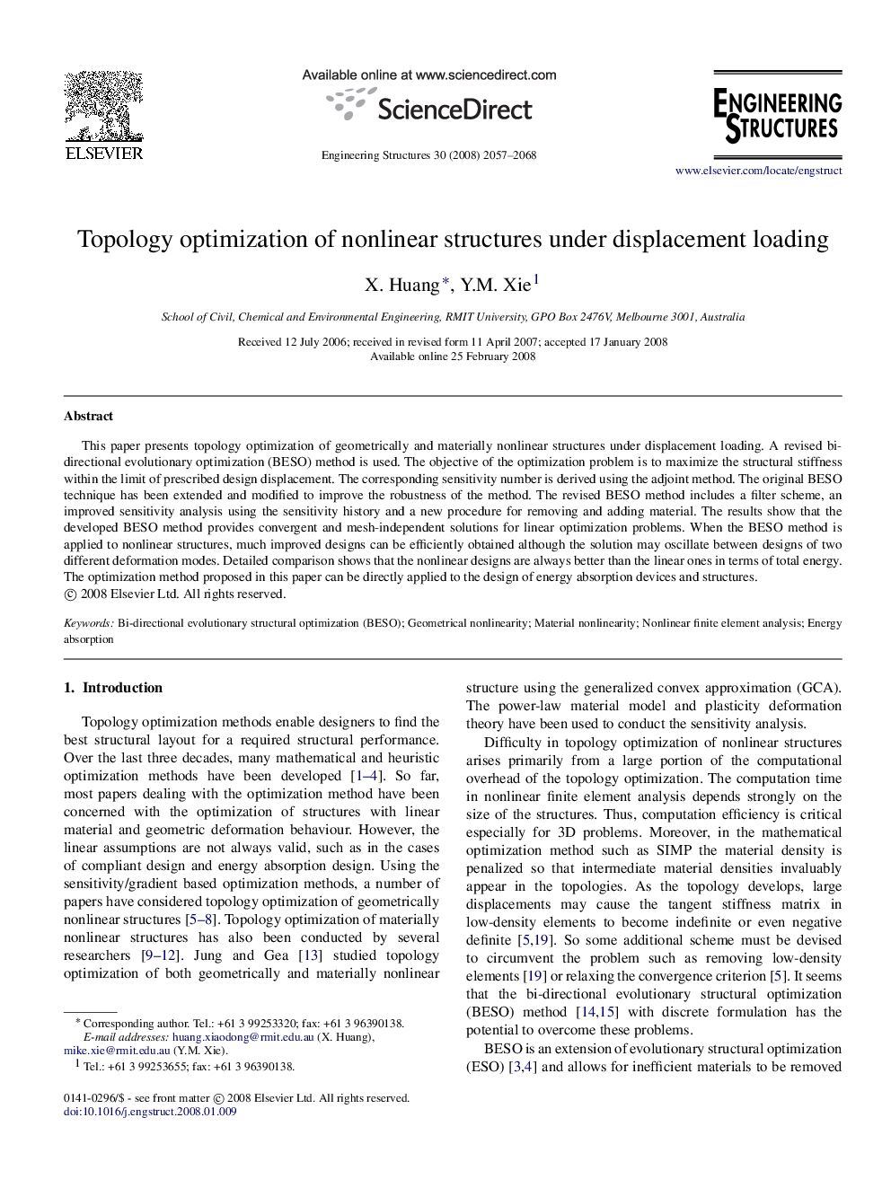 Topology optimization of nonlinear structures under displacement loading