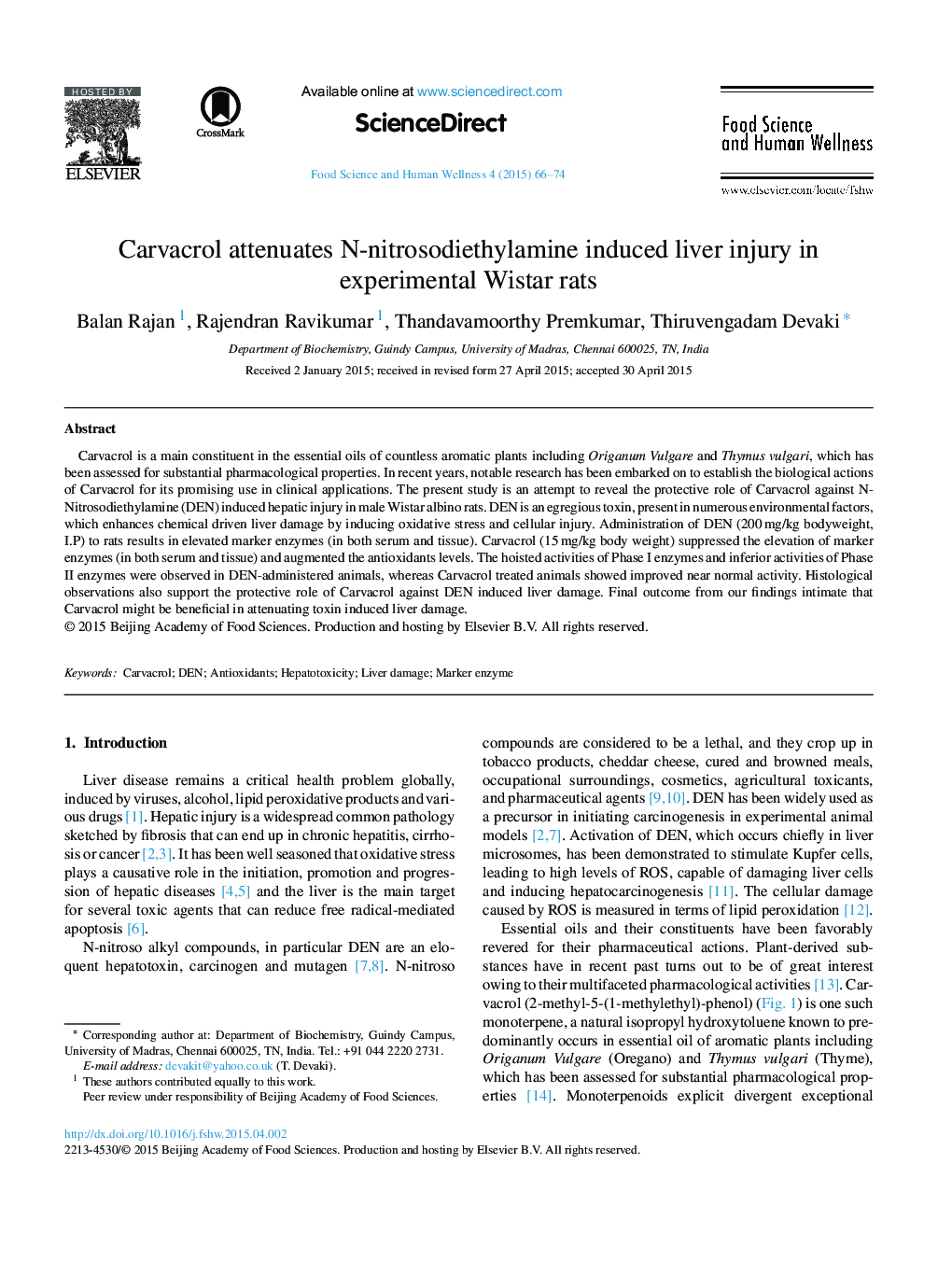 Carvacrol attenuates N-nitrosodiethylamine induced liver injury in experimental Wistar rats 