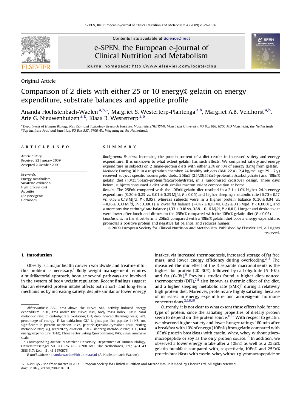 Comparison of 2 diets with either 25 or 10 energy% gelatin on energy expenditure, substrate balances and appetite profile