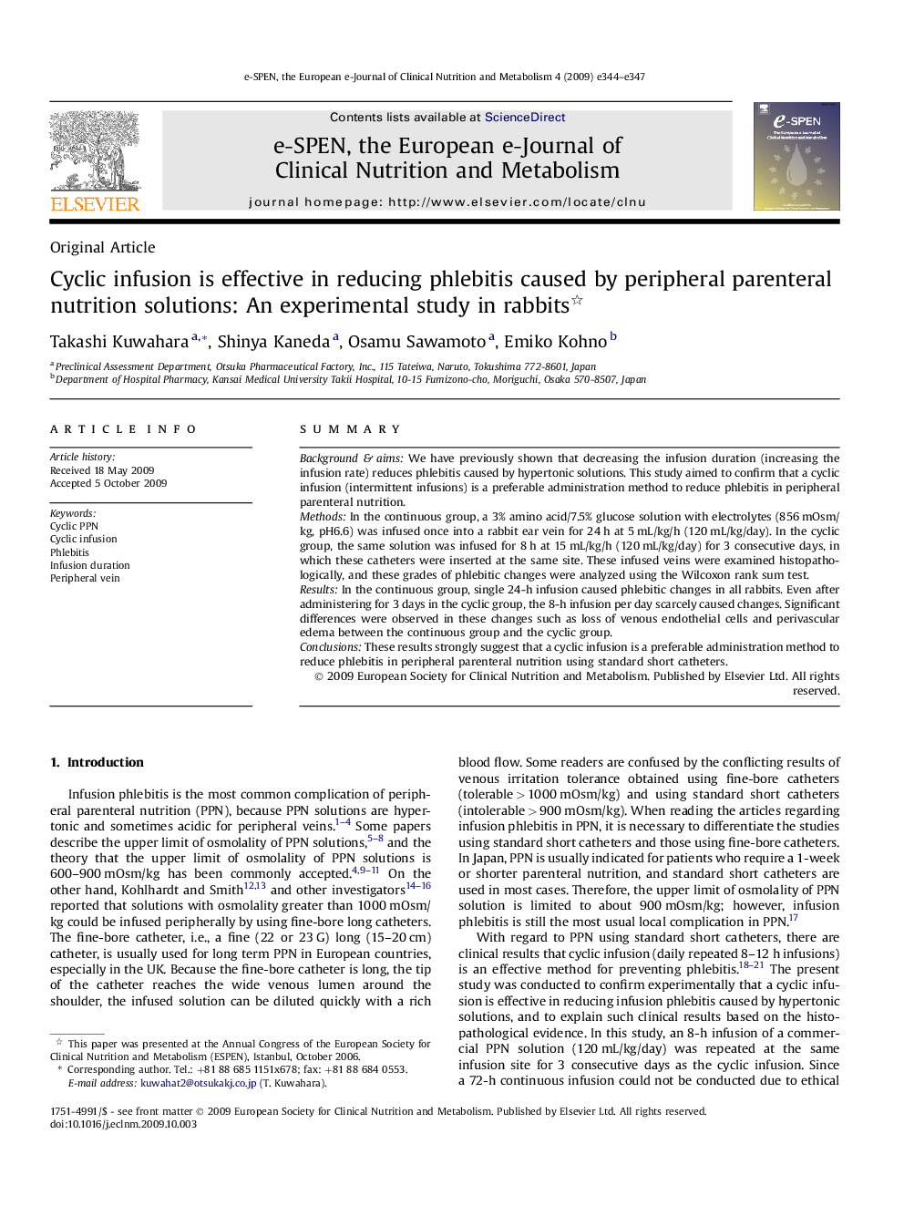 Cyclic infusion is effective in reducing phlebitis caused by peripheral parenteral nutrition solutions: An experimental study in rabbits 