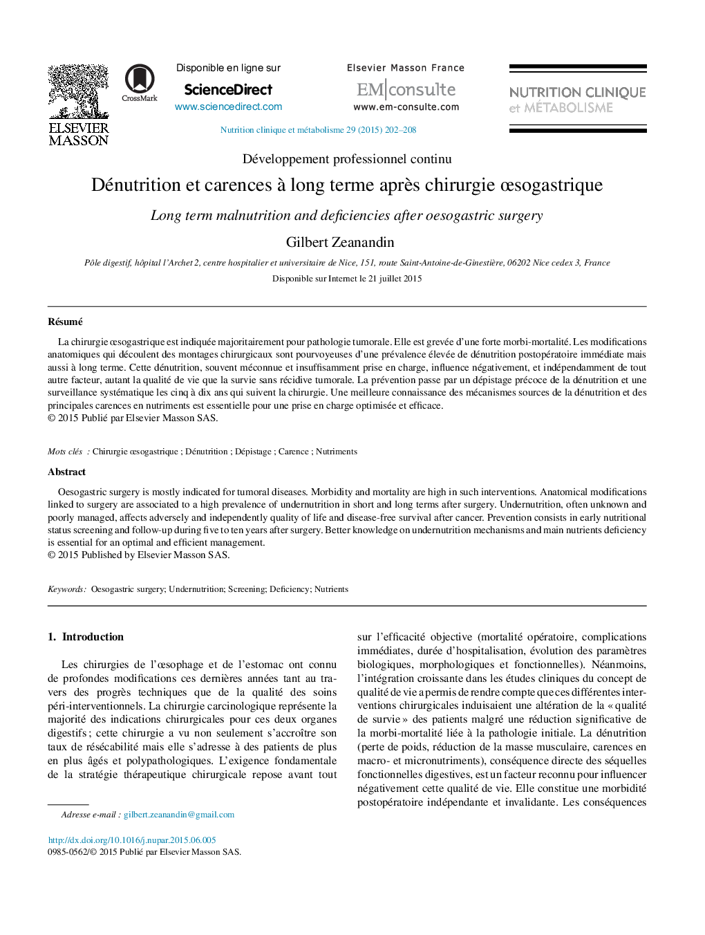 Dénutrition et carences à long terme après chirurgie œsogastrique