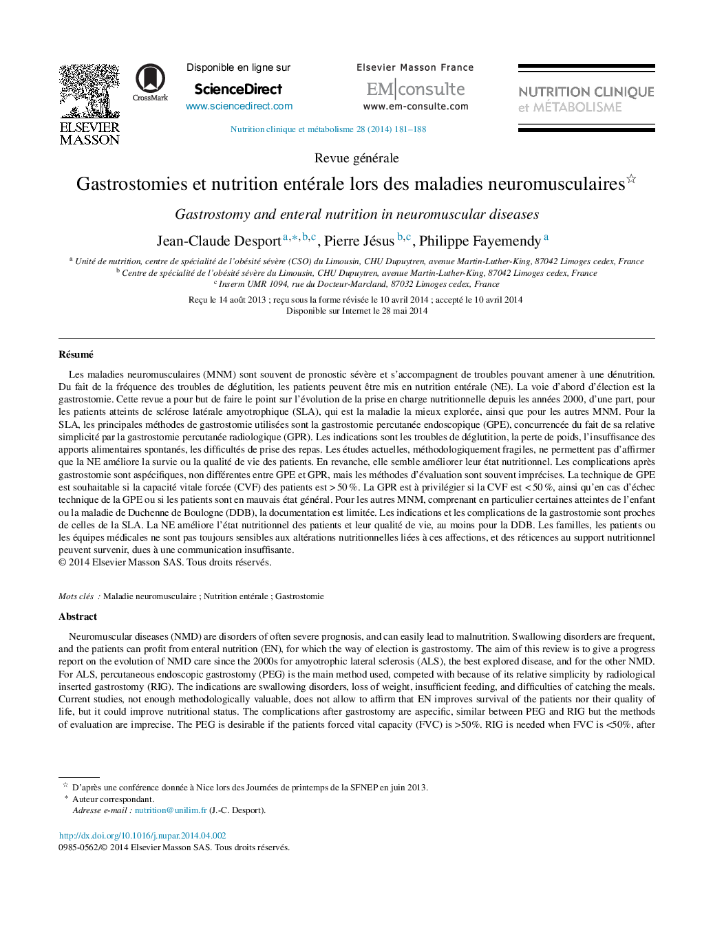 Gastrostomies et nutrition entérale lors des maladies neuromusculaires 