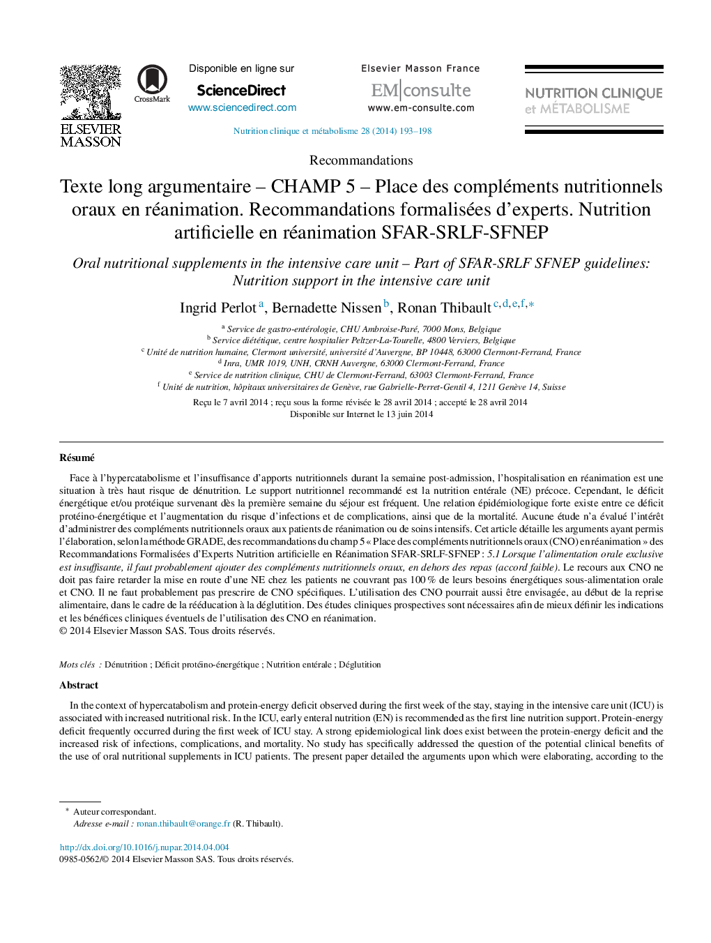 Texte long argumentaire – CHAMP 5 – Place des compléments nutritionnels oraux en réanimation. Recommandations formalisées d’experts. Nutrition artificielle en réanimation SFAR-SRLF-SFNEP