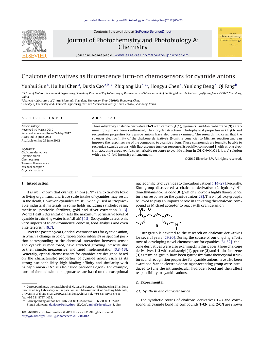 Chalcone derivatives as fluorescence turn-on chemosensors for cyanide anions