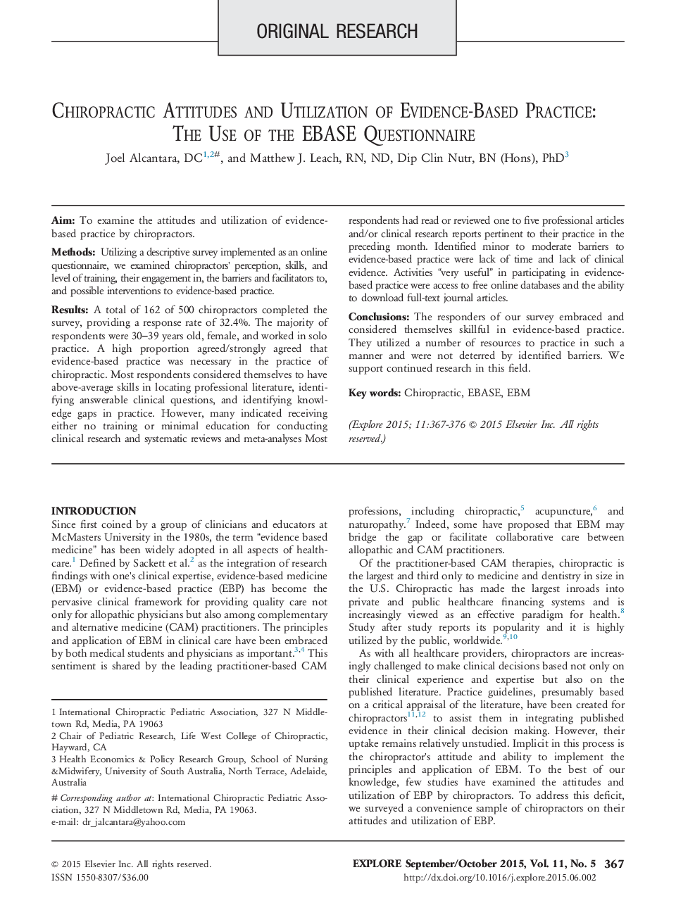 Chiropractic Attitudes and Utilization of Evidence-Based Practice: The Use of the EBASE Questionnaire