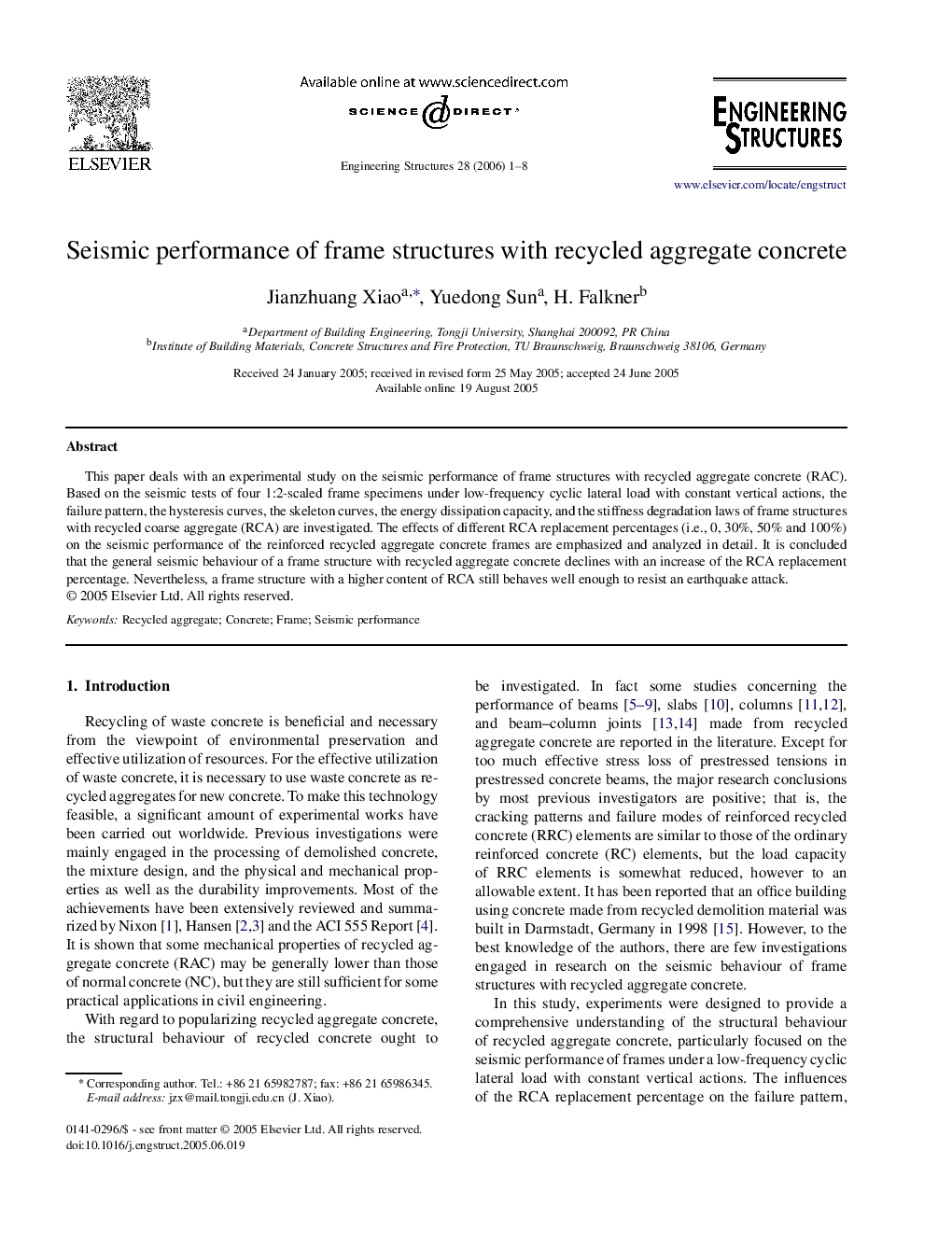 Seismic performance of frame structures with recycled aggregate concrete