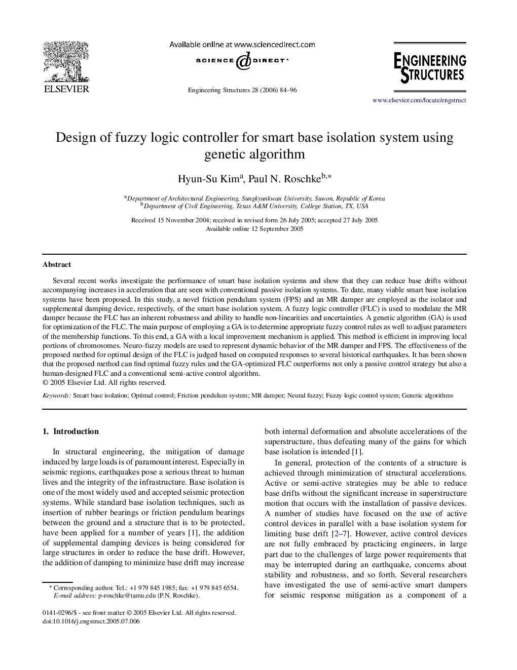 Design of fuzzy logic controller for smart base isolation system using genetic algorithm