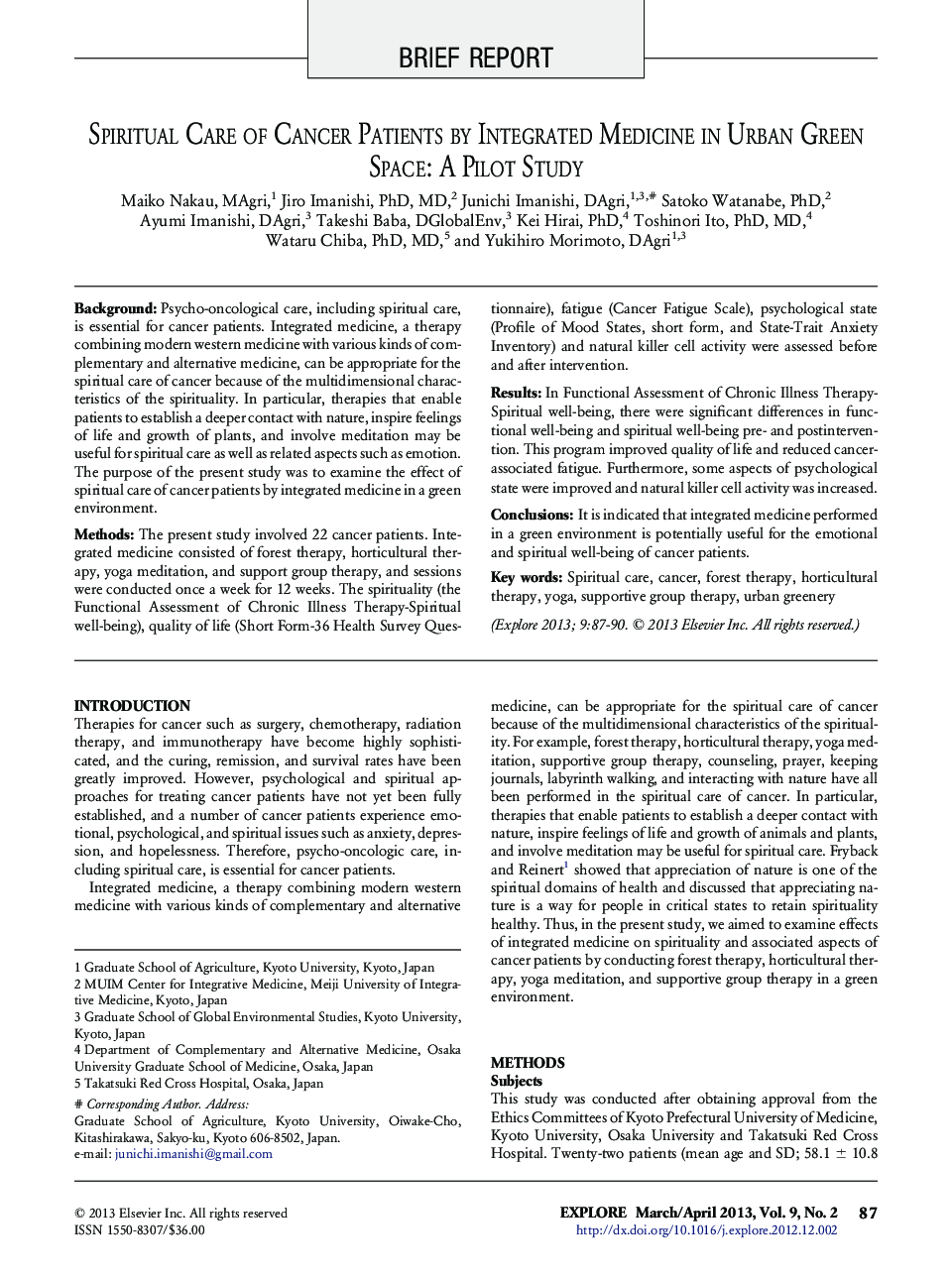 Spiritual Care of Cancer Patients by Integrated Medicine in Urban Green Space: A Pilot Study