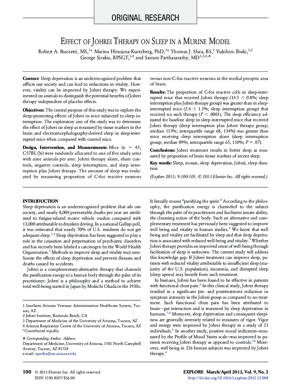 Effect of Johrei Therapy on Sleep in a Murine Model