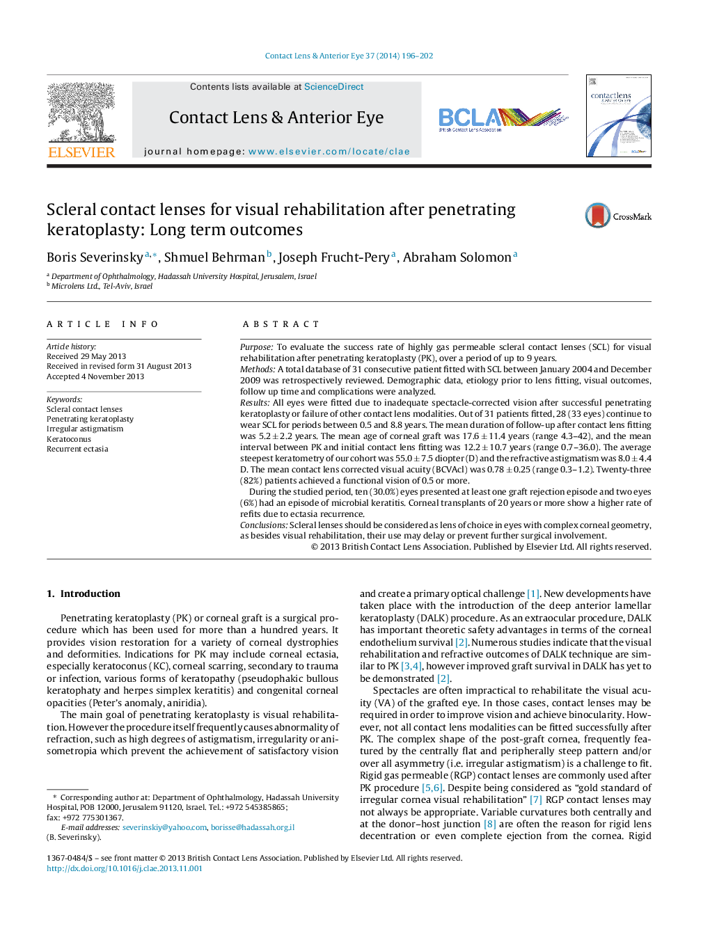 Scleral contact lenses for visual rehabilitation after penetrating keratoplasty: Long term outcomes