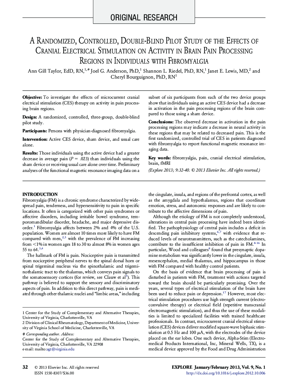 A Randomized, Controlled, Double-Blind Pilot Study of the Effects of Cranial Electrical Stimulation on Activity in Brain Pain Processing Regions in Individuals with Fibromyalgia