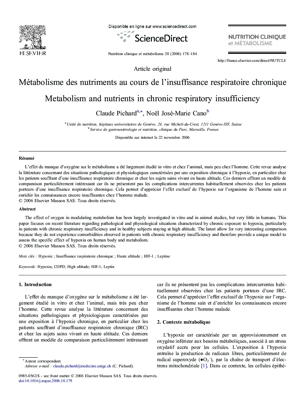 Métabolisme des nutriments au cours de l'insuffisance respiratoire chronique