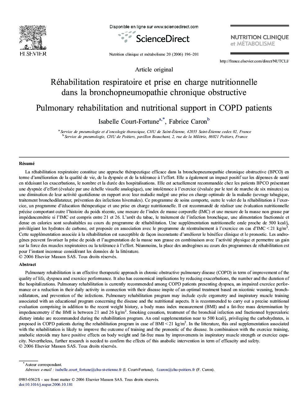 Réhabilitation respiratoire et prise en charge nutritionnelle dans la bronchopneumopathie chronique obstructive