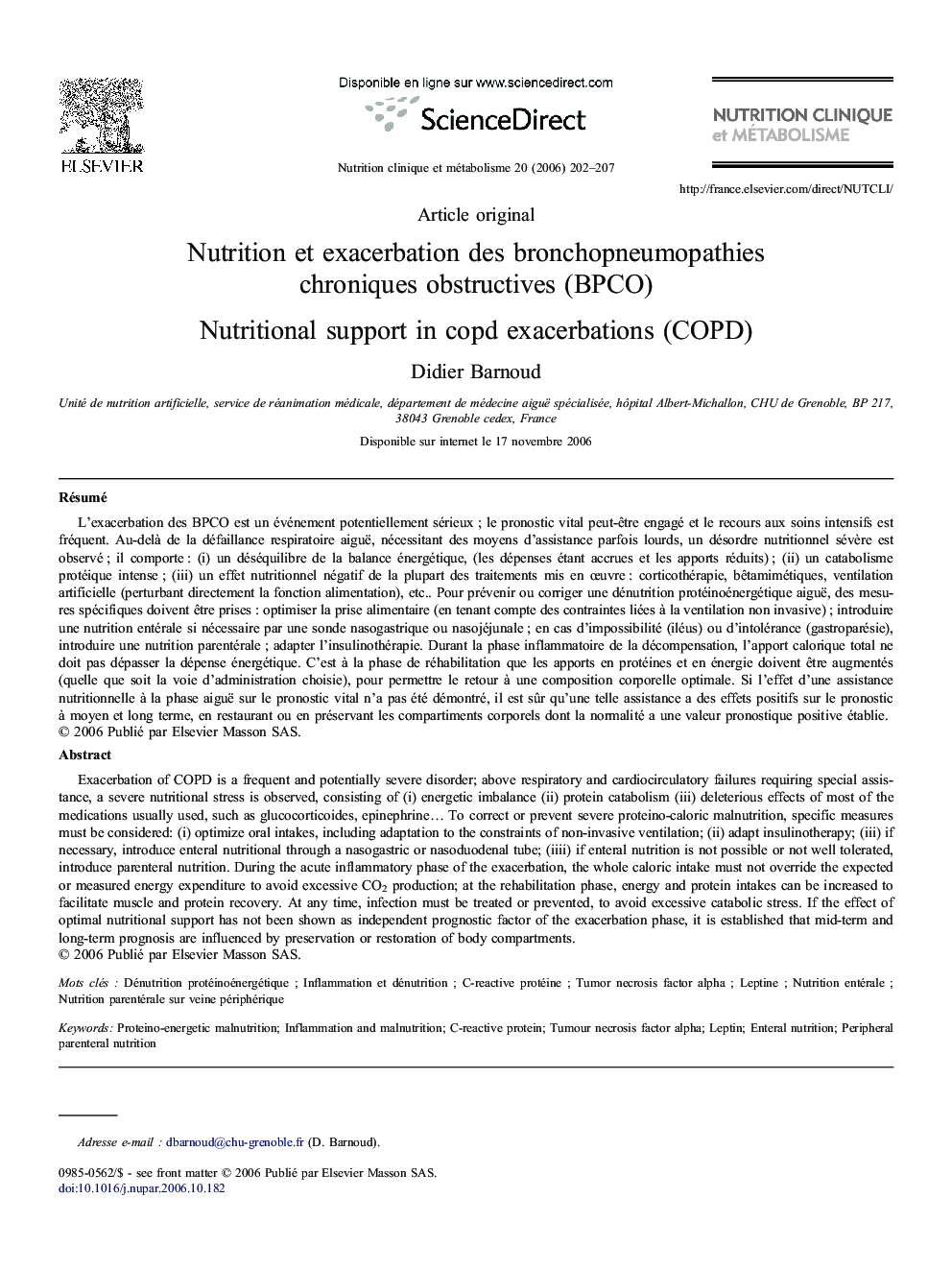 Nutrition et exacerbation des bronchopneumopathies chroniques obstructives (BPCO)