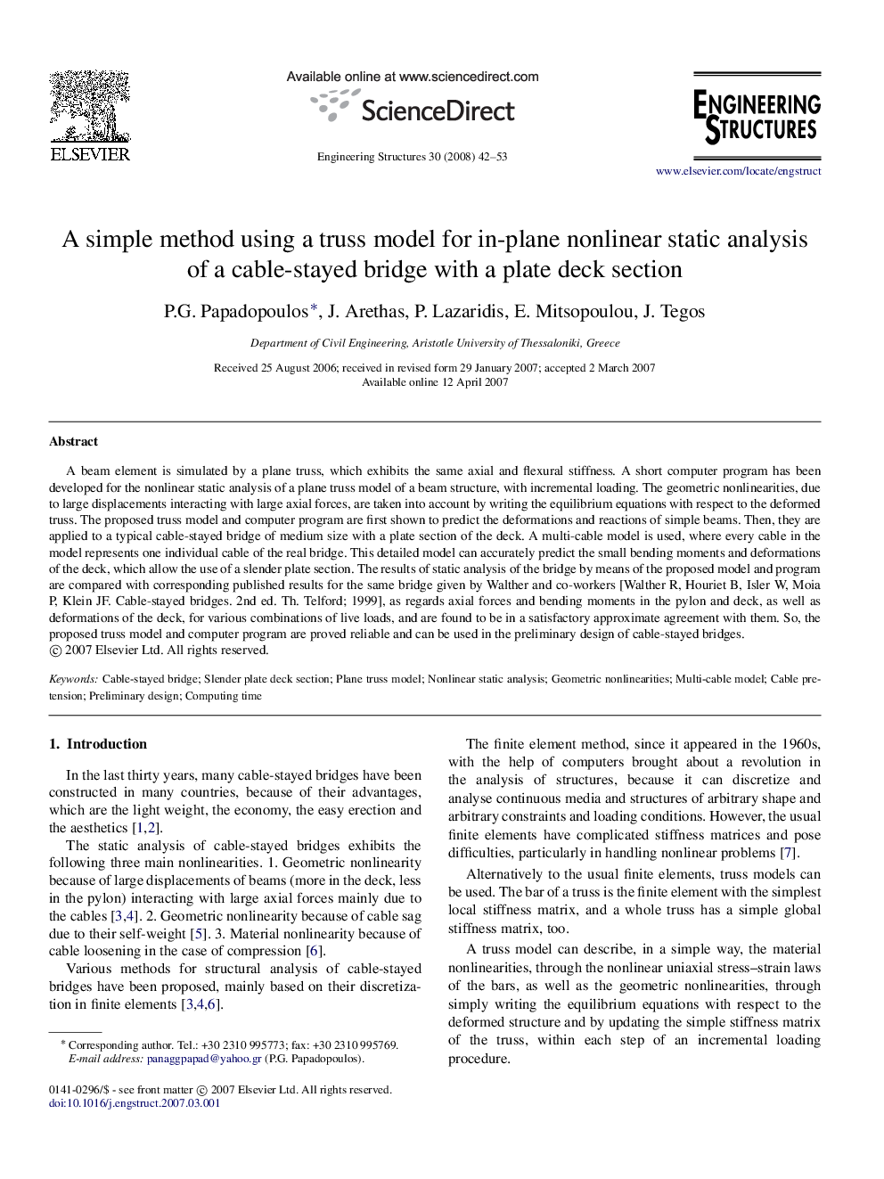 A simple method using a truss model for in-plane nonlinear static analysis of a cable-stayed bridge with a plate deck section