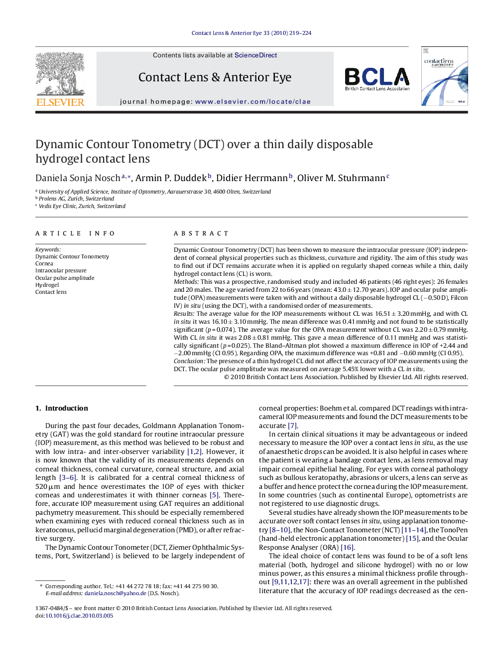 Dynamic Contour Tonometry (DCT) over a thin daily disposable hydrogel contact lens