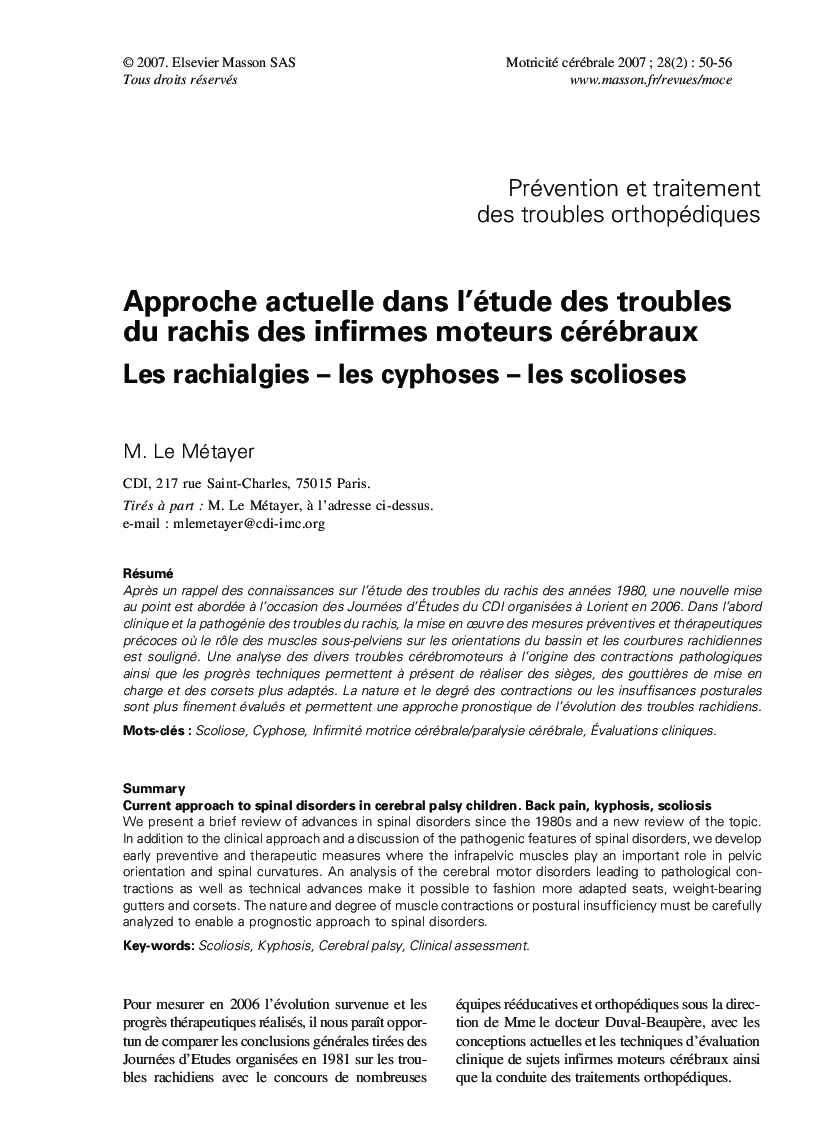 Approche actuelle dans l'étude des troubles du rachis des infirmes moteurs cérébraux