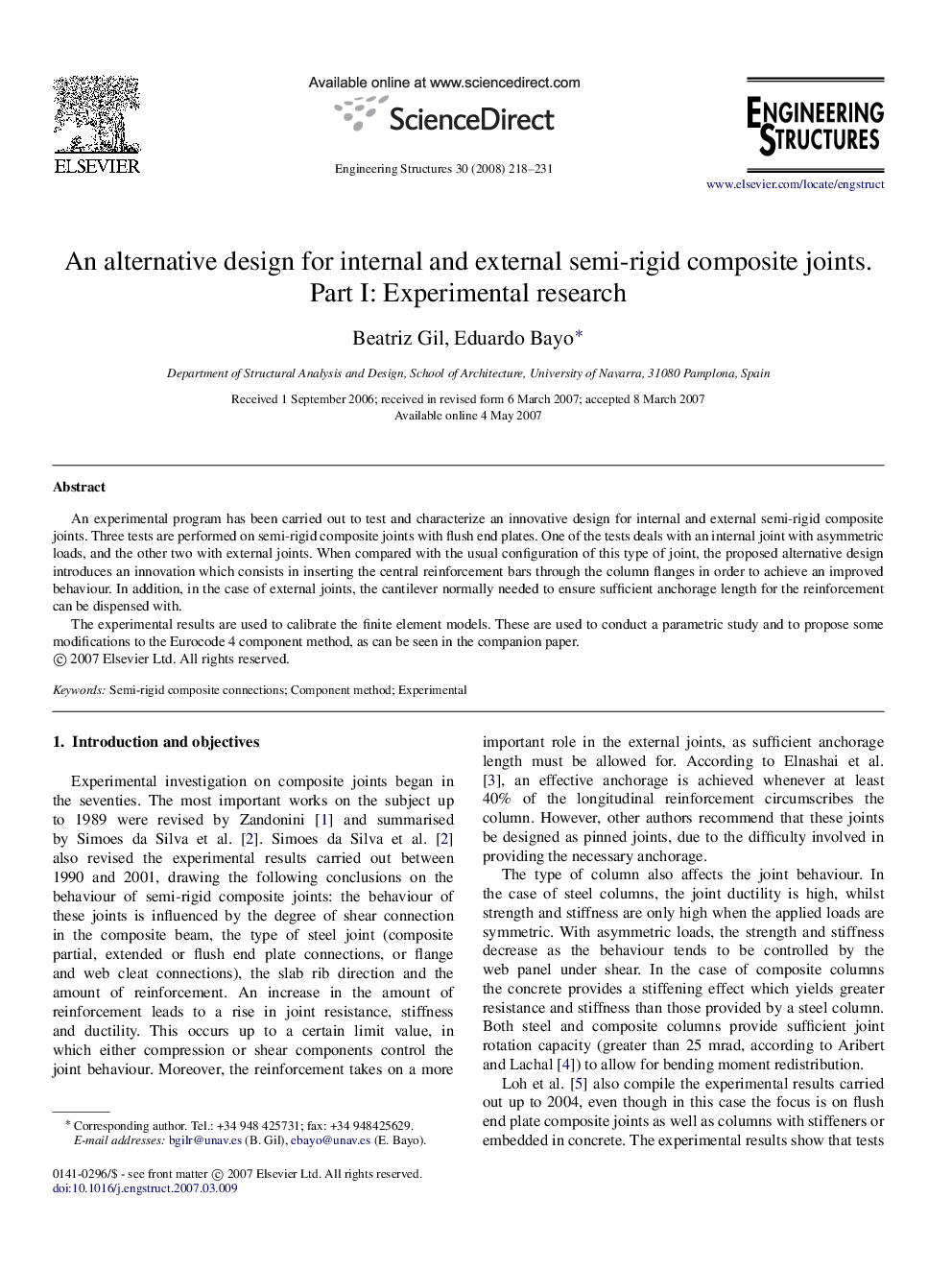 An alternative design for internal and external semi-rigid composite joints. Part I: Experimental research