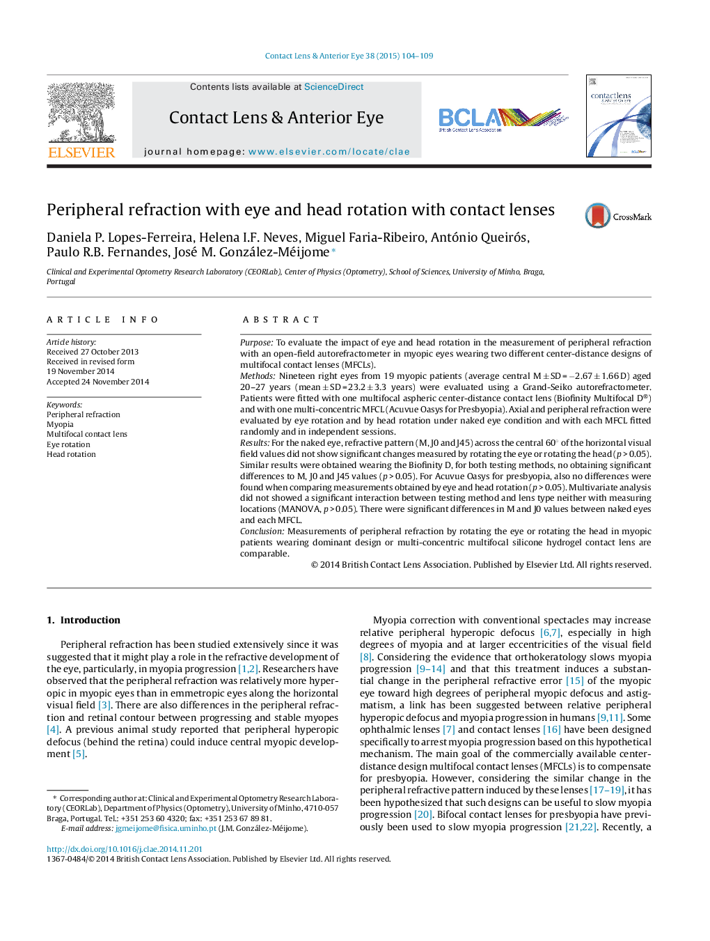 Peripheral refraction with eye and head rotation with contact lenses