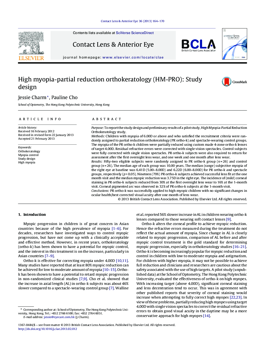 High myopia-partial reduction orthokeratology (HM-PRO): Study design