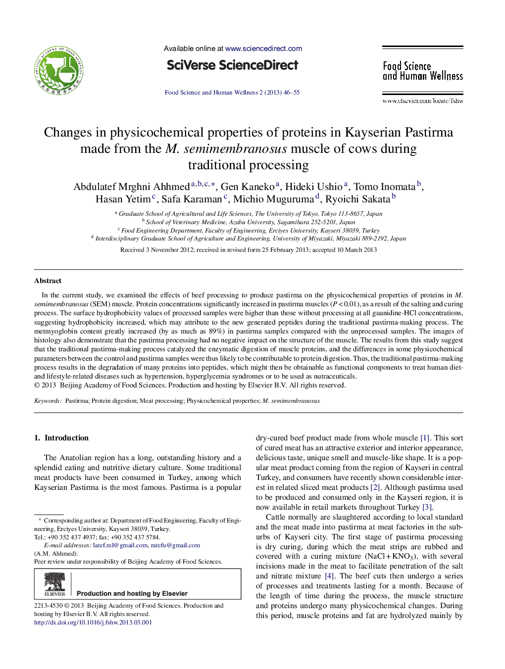 Changes in physicochemical properties of proteins in Kayserian Pastirma made from the M. semimembranosus muscle of cows during traditional processing 