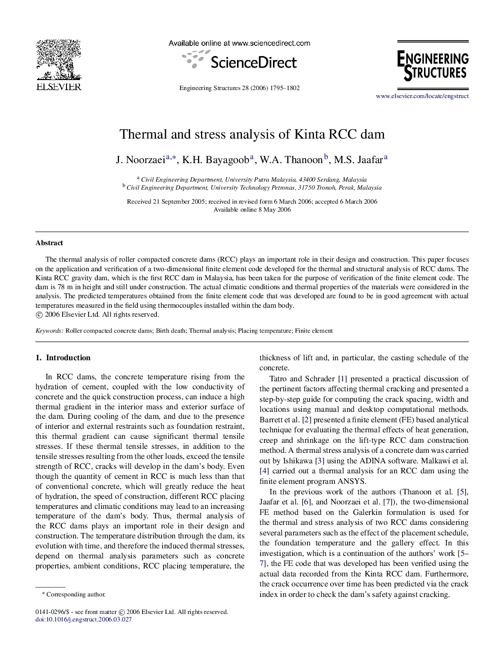 Thermal and stress analysis of Kinta RCC dam