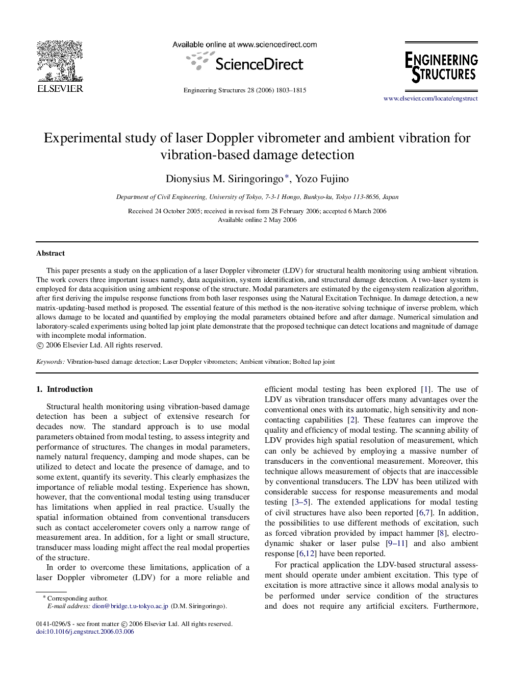 Experimental study of laser Doppler vibrometer and ambient vibration for vibration-based damage detection