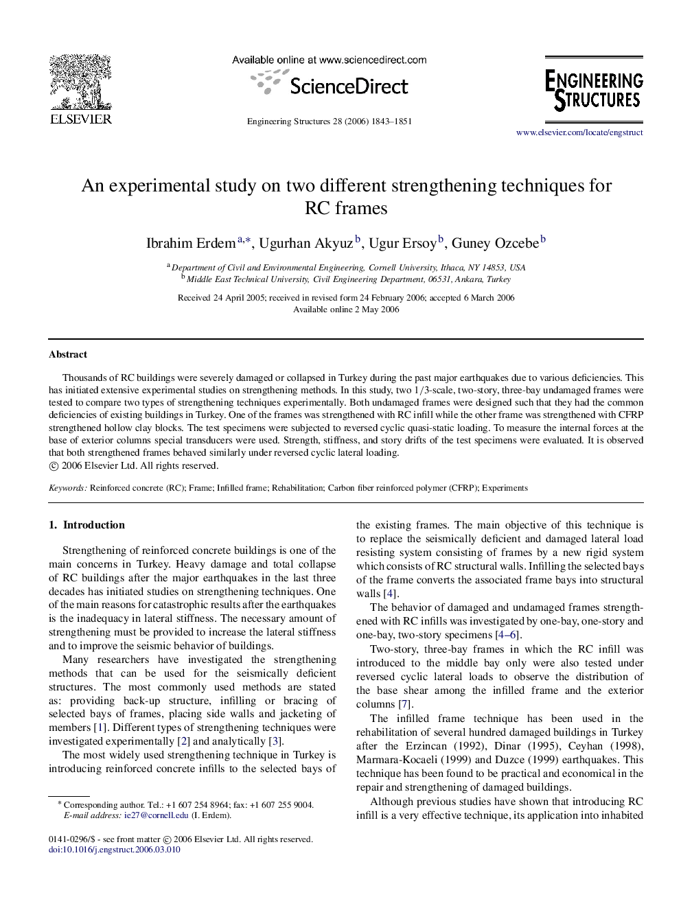 An experimental study on two different strengthening techniques for RC frames