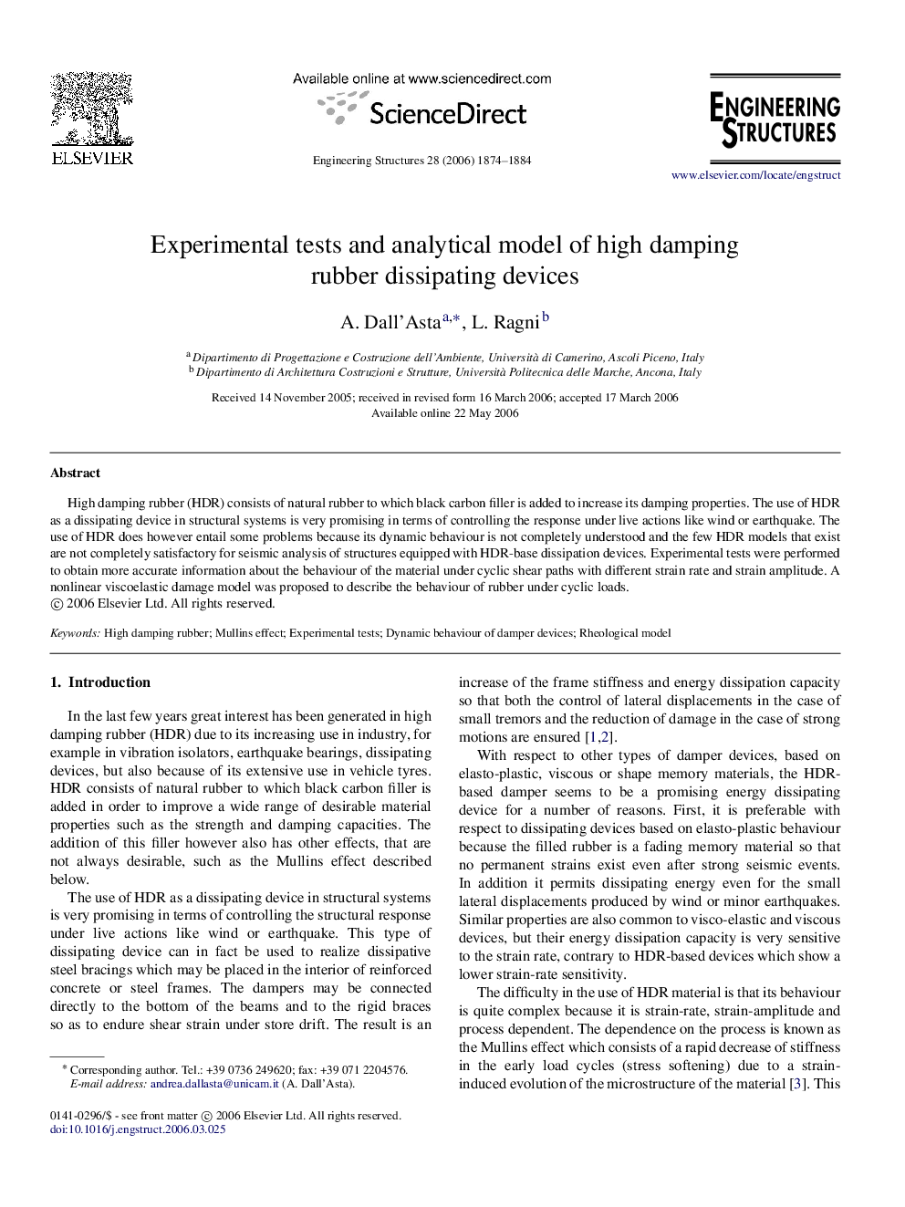 Experimental tests and analytical model of high damping rubber dissipating devices