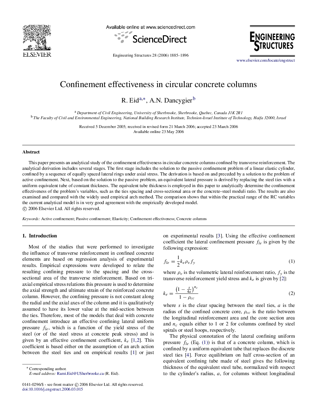 Confinement effectiveness in circular concrete columns