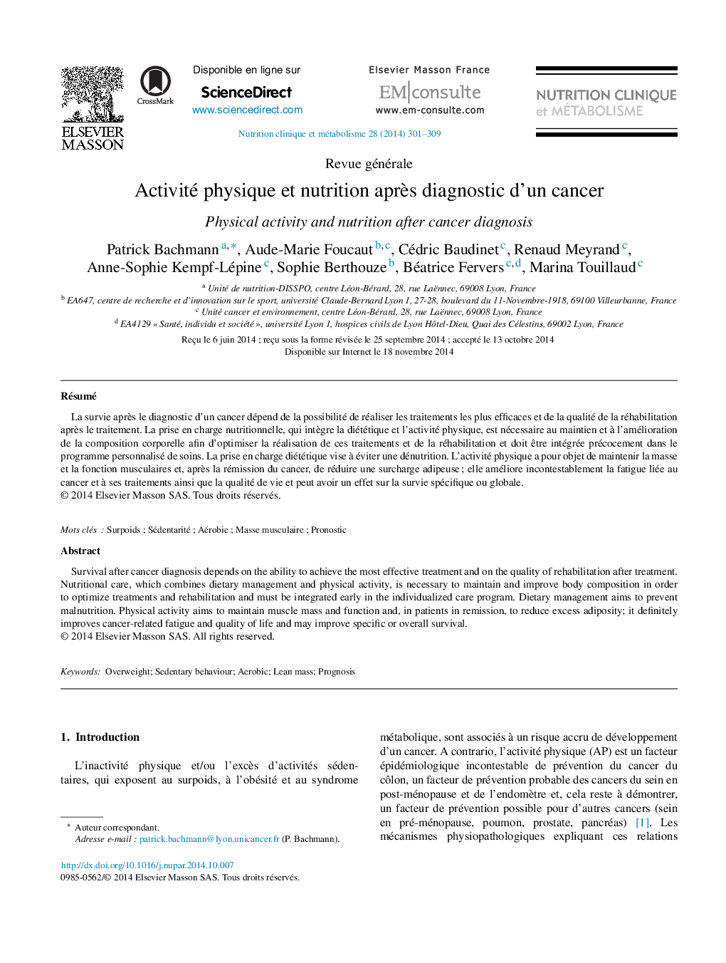 Activité physique et nutrition aprÃ¨s diagnostic d'un cancer