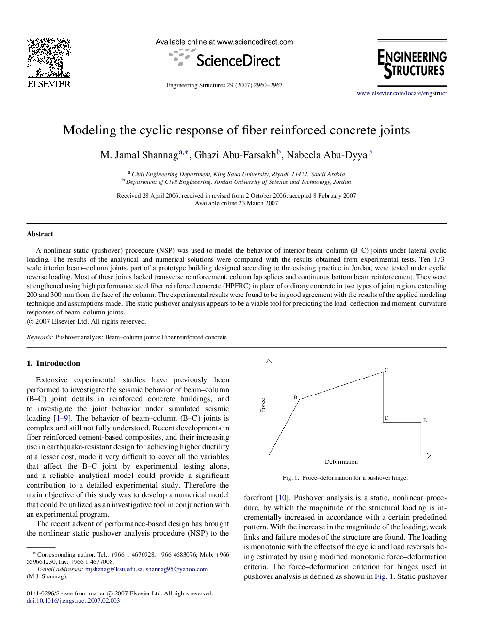 Modeling the cyclic response of fiber reinforced concrete joints