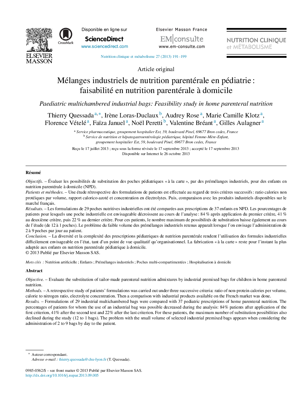 Mélanges industriels de nutrition parentérale en pédiatrie : faisabilité en nutrition parentérale à domicile