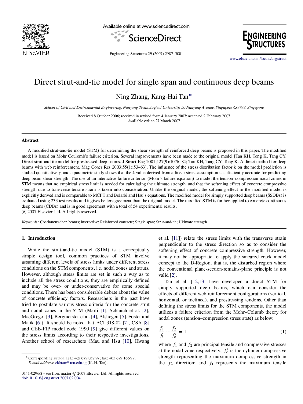 Direct strut-and-tie model for single span and continuous deep beams