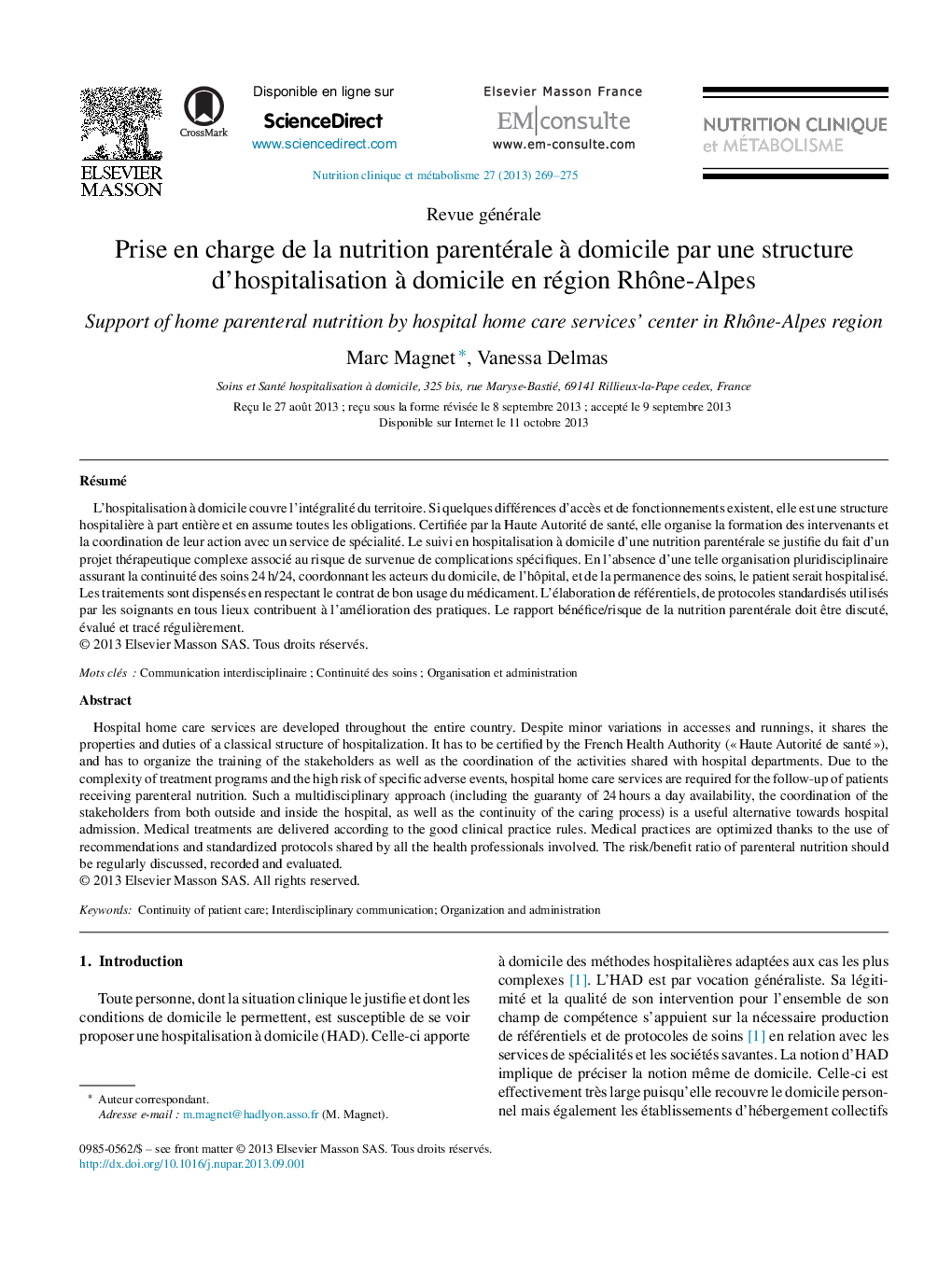 Prise en charge de la nutrition parentérale à domicile par une structure d’hospitalisation à domicile en région Rhône-Alpes