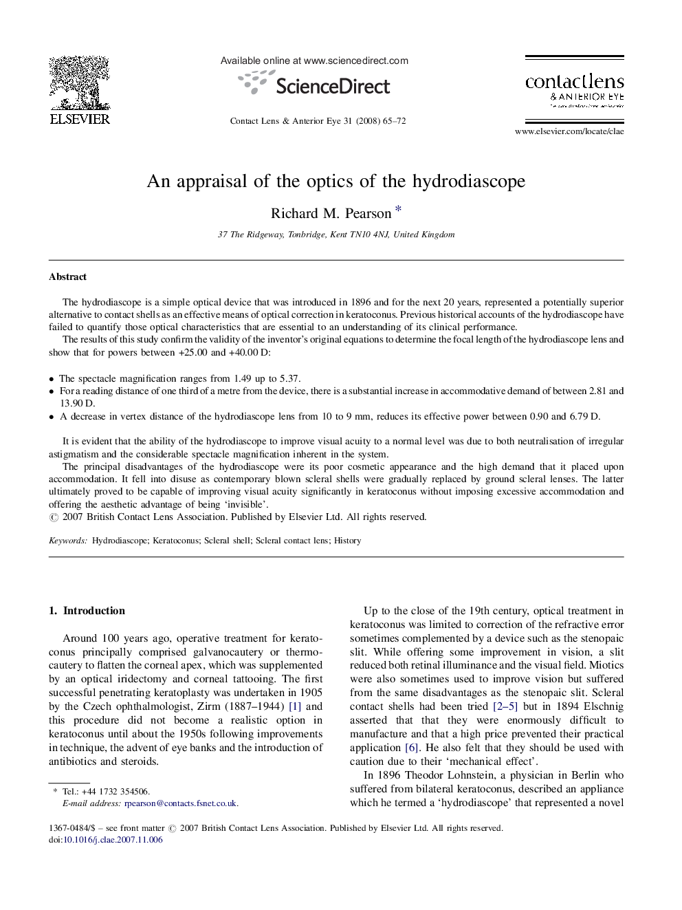 An appraisal of the optics of the hydrodiascope