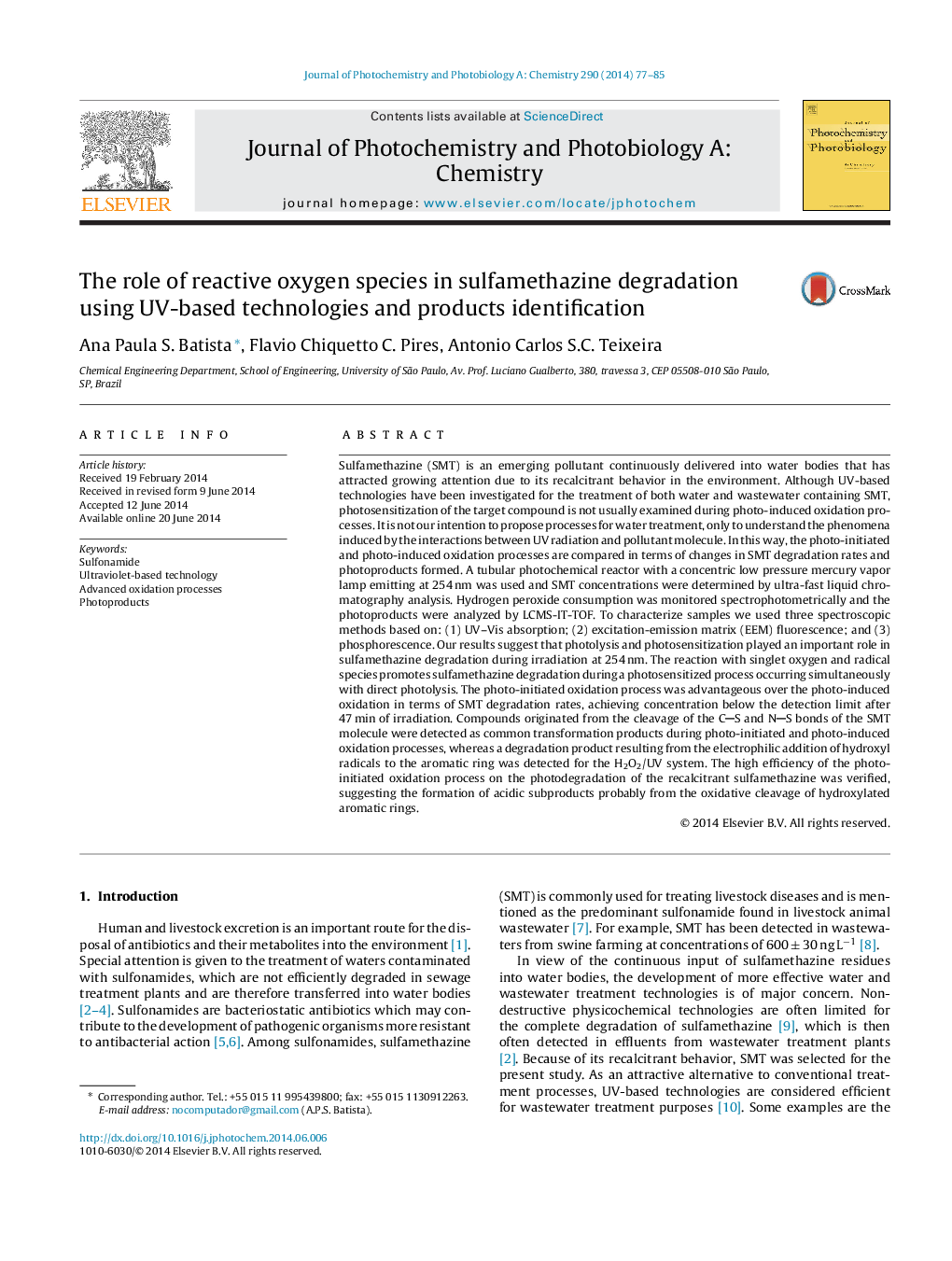 The role of reactive oxygen species in sulfamethazine degradation using UV-based technologies and products identification