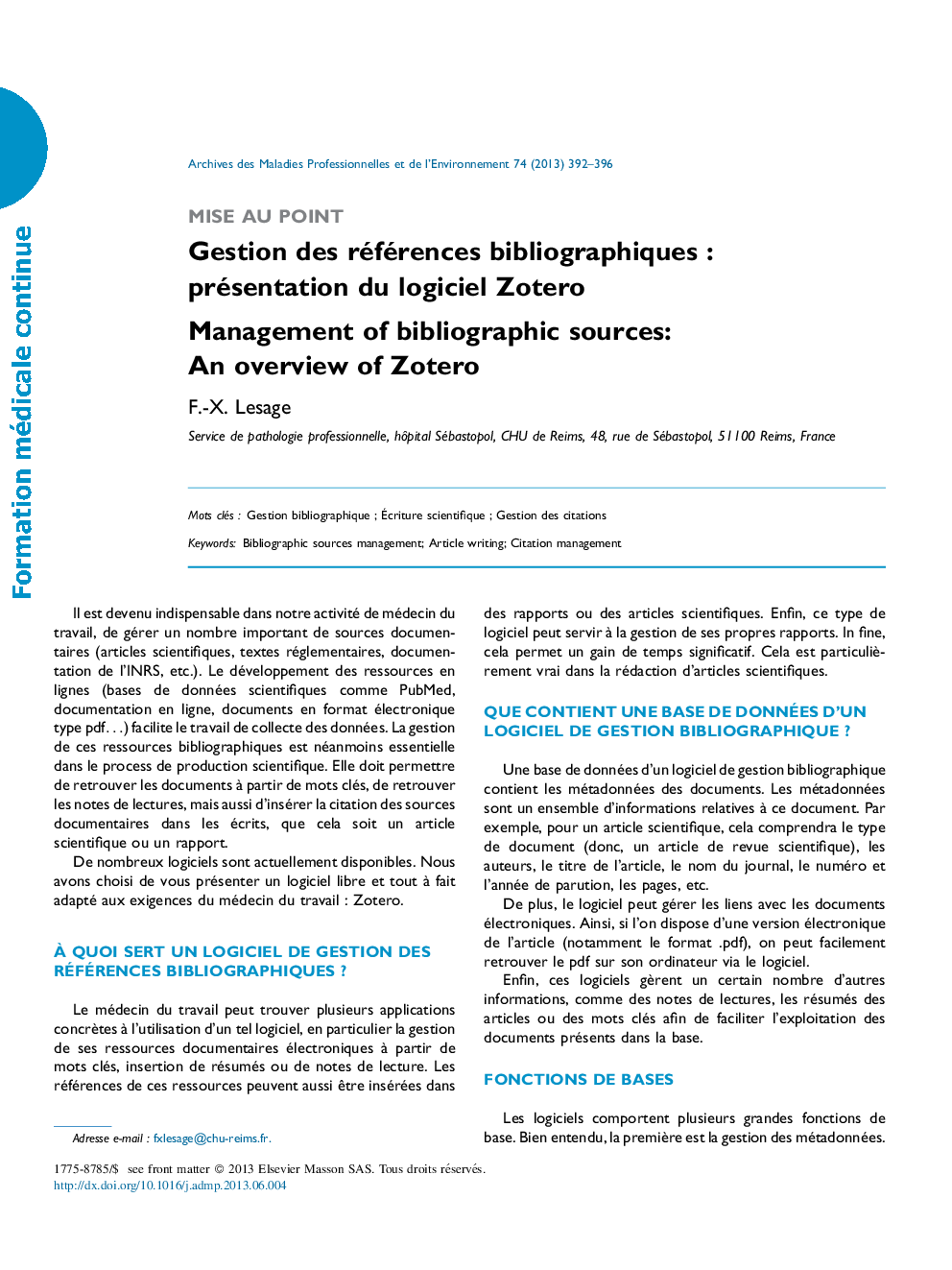 عکس صفحه اول مقاله: Gestion des références bibliographiques : présentation du logiciel Zotero Gestion des références bibliographiques : présentation du logiciel Zotero