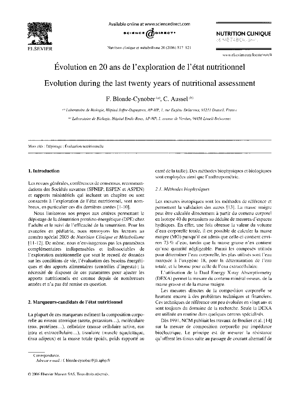 Ãvolution en 20 ans de l'exploration de l'état nutritionnel