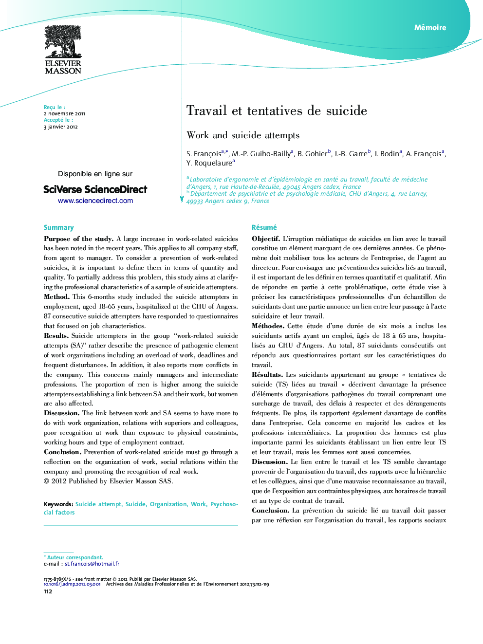 Travail et tentatives de suicide