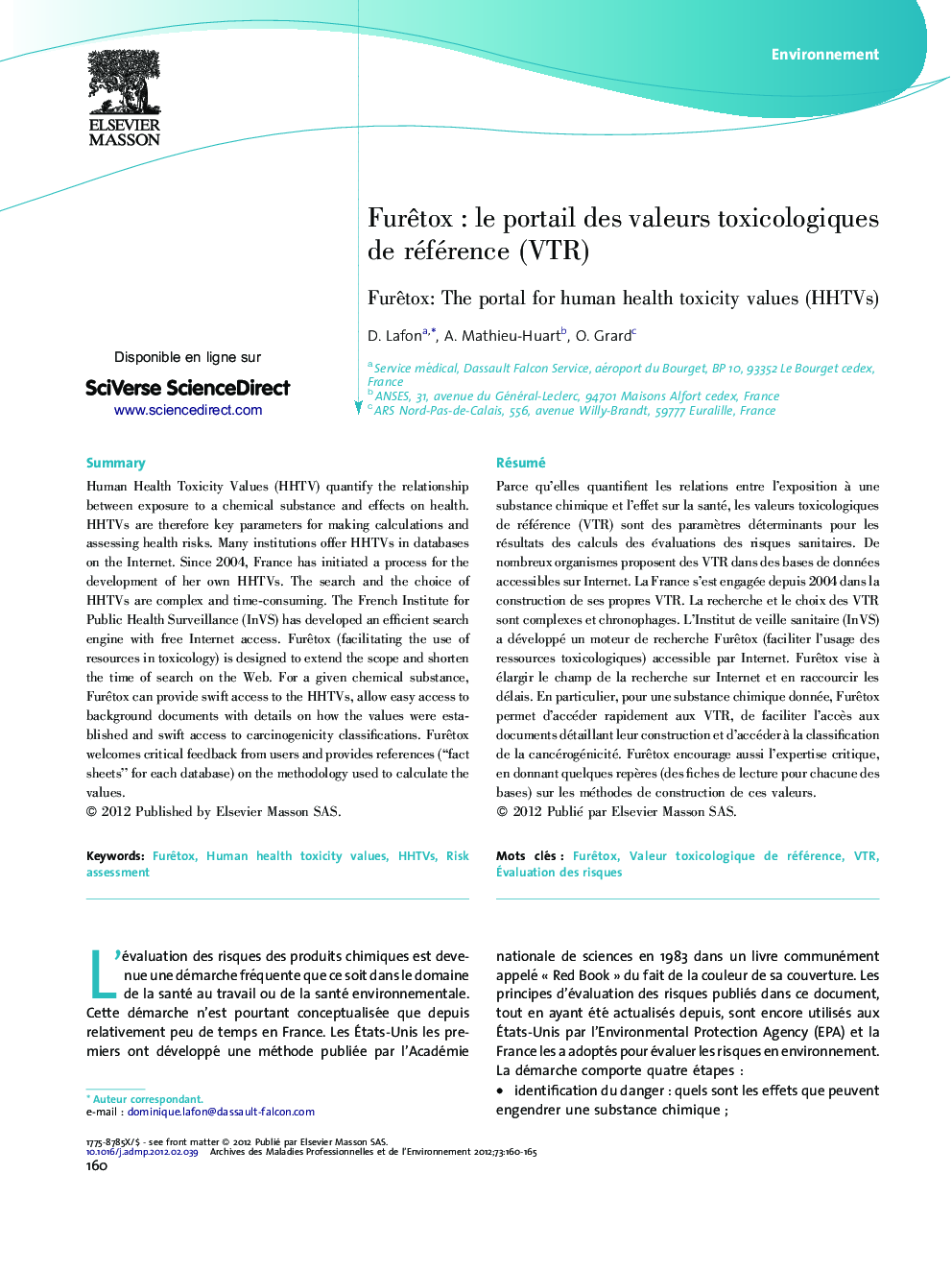 FurÃªtoxÂ : le portail des valeurs toxicologiques de référence (VTR)