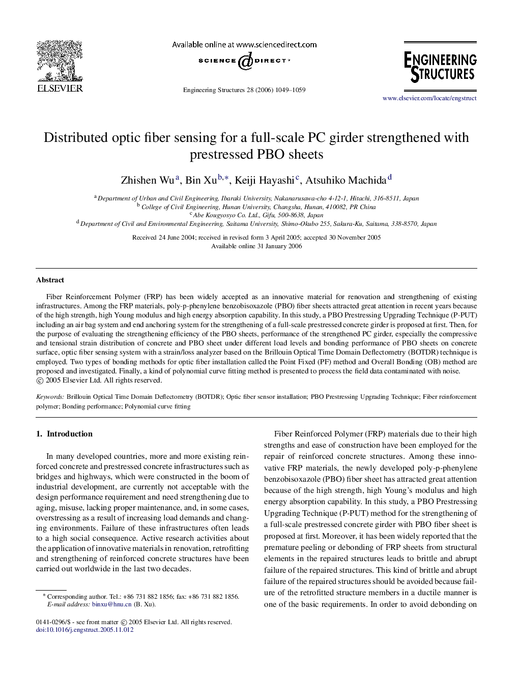 Distributed optic fiber sensing for a full-scale PC girder strengthened with prestressed PBO sheets